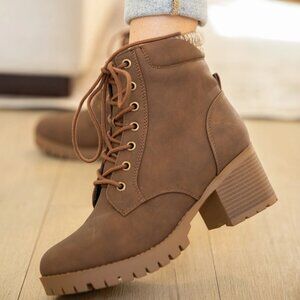 New Distressed Brown Lace-Up Knit Ankle Boots Booties Chunky Block Heel Platform